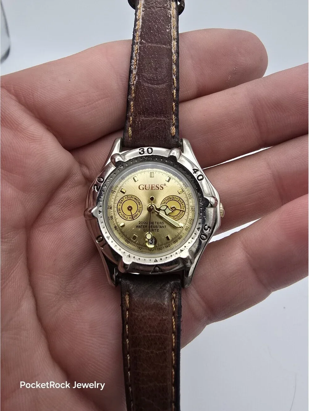 Guess Multifunction Gold Dial Day Date Tachymeter Brown Leather Quartz Watch